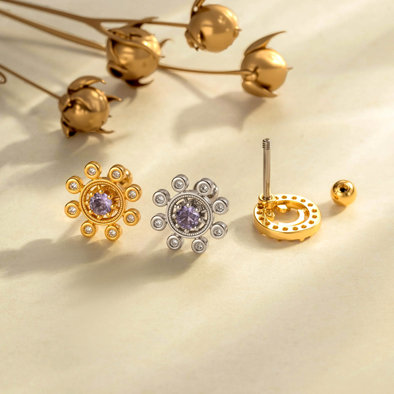 Boucles D'Oreilles Piercing Pour Femme, Forme Géométrique, Couleur Cuivre Doré, Zircon (1 Pièce) h5Image4