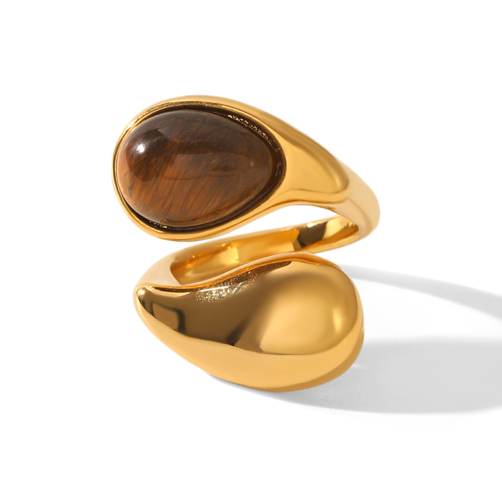 Bague En Acier Inoxydable Étanche, Couleur Or, Ornée D'Une Pierre Naturelle (1 Pièce).