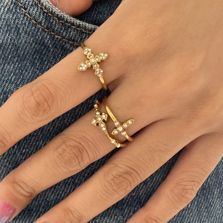 Bague glamour en acier inoxydable doré, imperméable, avec croix (1 pièce). 2