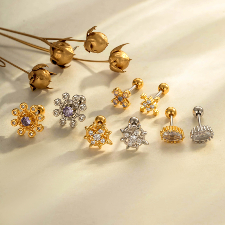 Boucles d'oreilles piercing pour femme, forme géométrique, couleur cuivre doré, zircon (1 pièce)