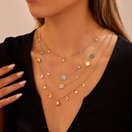 Collier chaîne femme simple en acier inoxydable étanche avec motif fleur, étoile et lune (1 pièce)