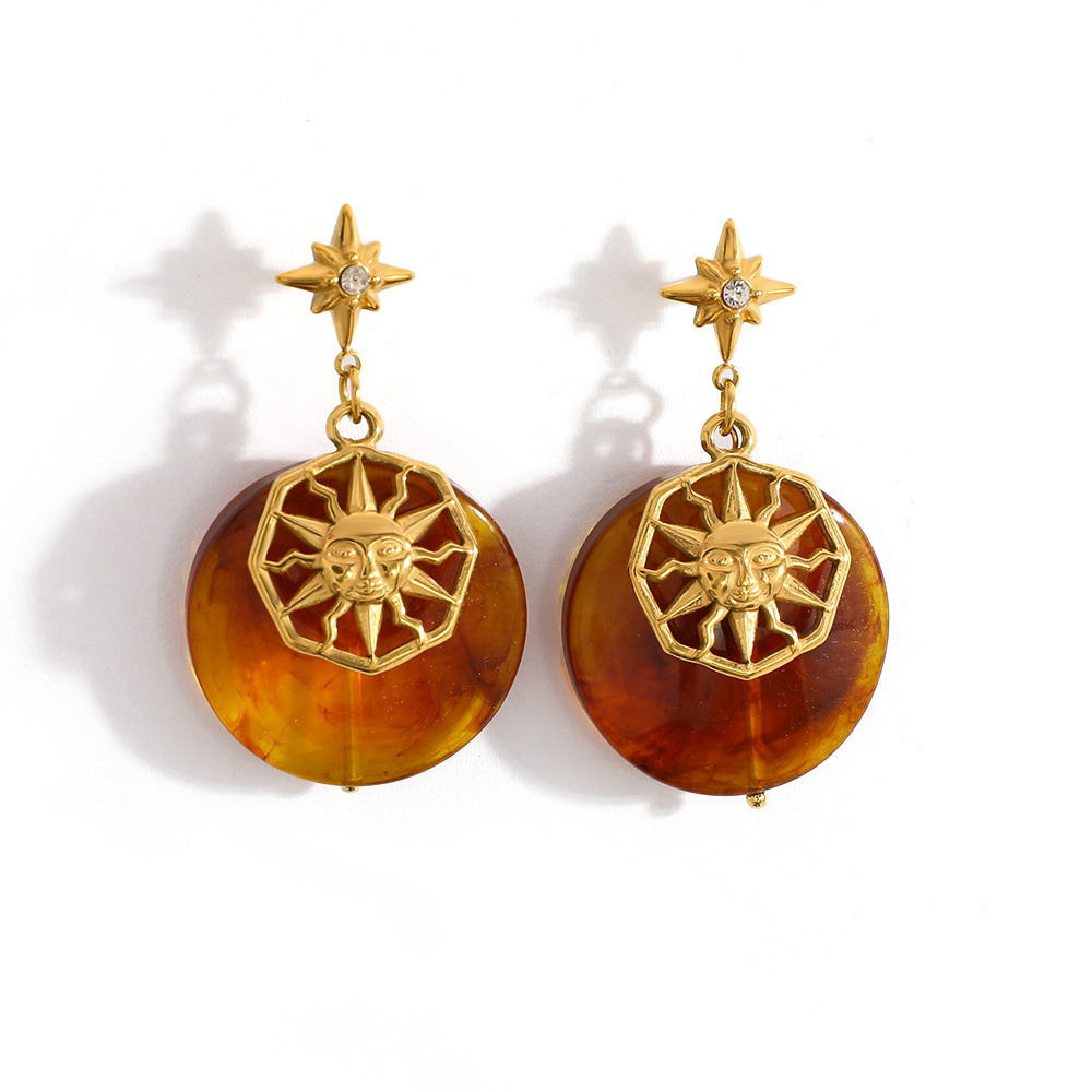 1 Paire De Boucles D'Oreilles Pendantes Ethniques Pour Femme, Motif Soleil Et Étoile, En Acier Inoxydable Étanche. Image5