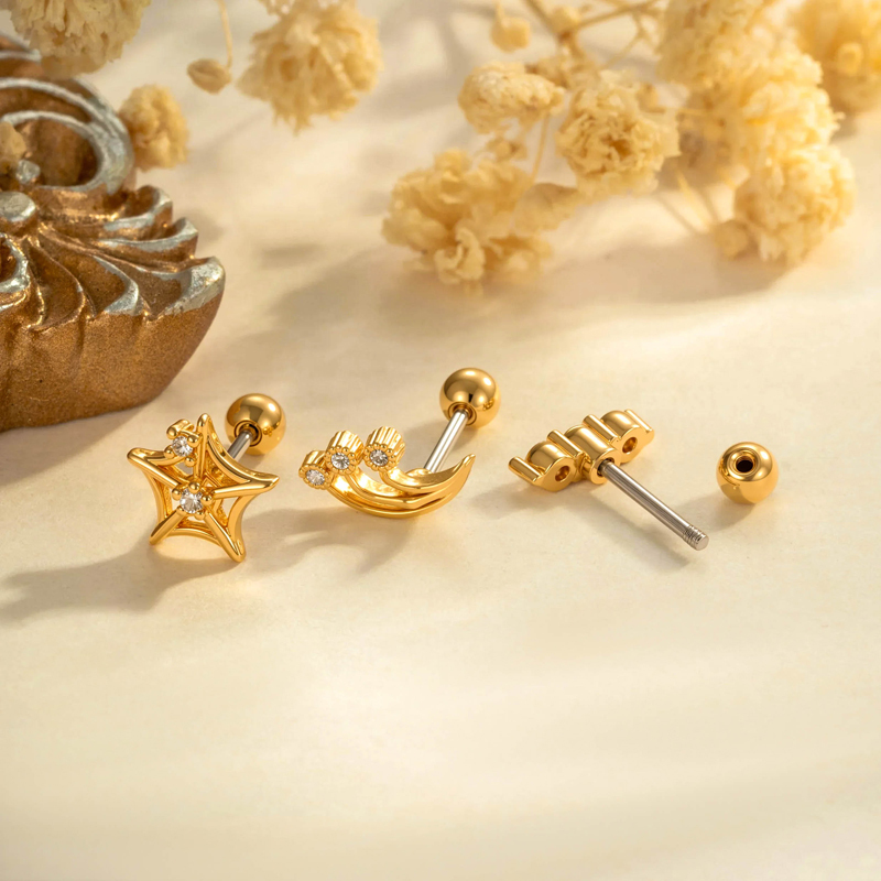 Boucles D'Oreilles Piercing Femme, Simples Et Robustes, Couleur Cuivre Doré, Avec Zircon (1 Pièce). Image4