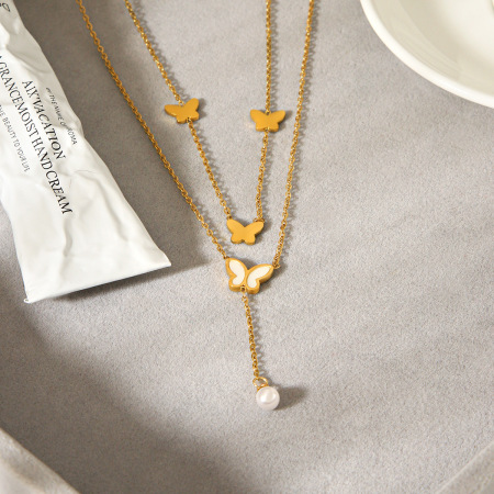 Collier à plusieurs rangs en acier inoxydable doré, orné d'un papillon, imperméable. 2