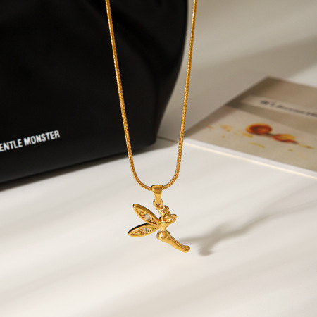 Collier pendentif ange en acier inoxydable étanche couleur or avec zircon