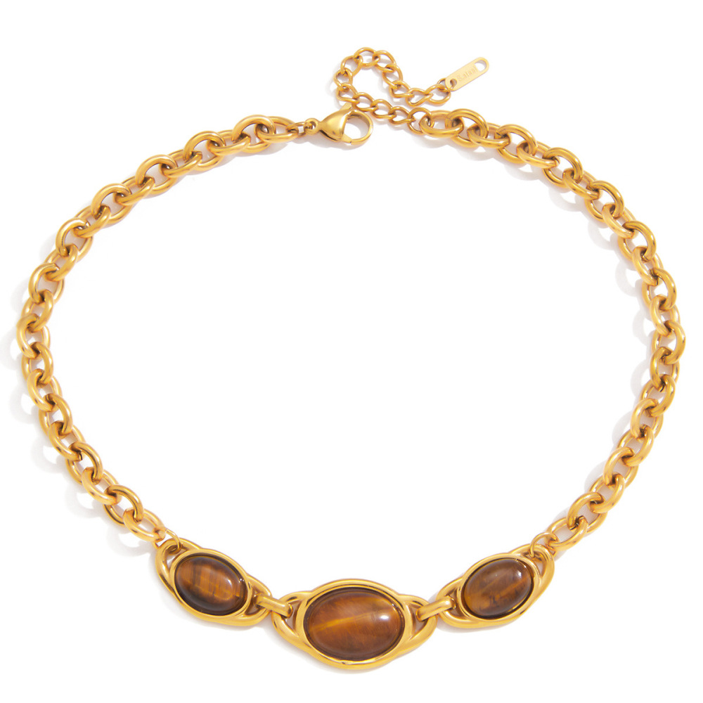 Collier Pendentif Ovale Vintage En Pierre Naturelle, Acier Inoxydable Étanche, Couleur Or, Pour Femme (1 Pièce) 