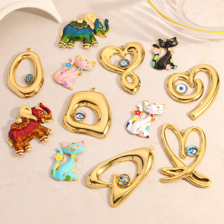 Pendentif Femme Diy En Acier Inoxydable Étanche, Motif Œil Du Diable, Chaton Et Bébé Éléphant