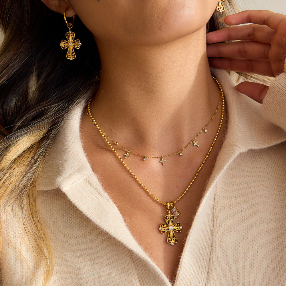 1 Paire De Boucles D'Oreilles Pendantes Luxueuses En Acier Inoxydable Doré, Imperméables, Avec Croix. Image4