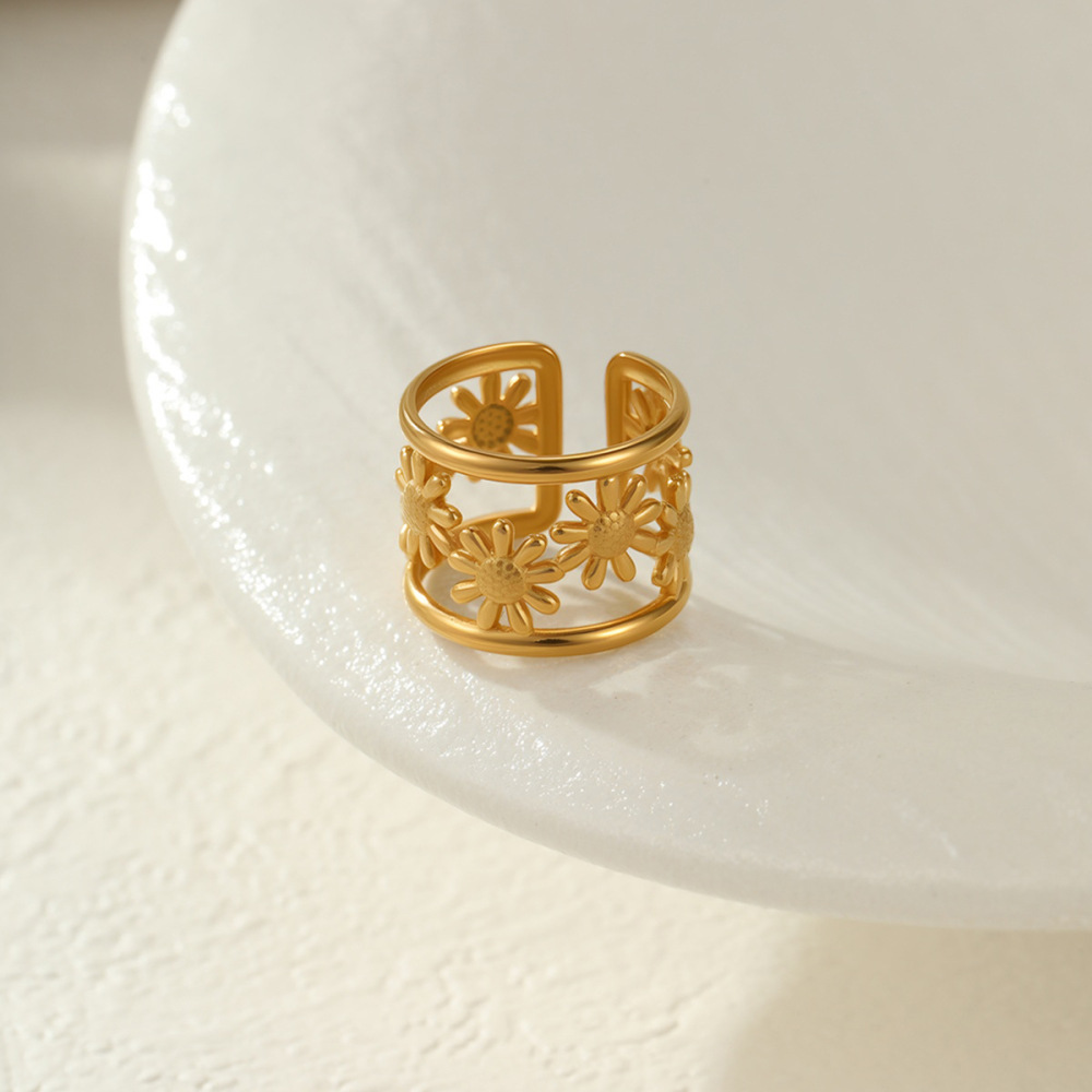 Bague Perlée Pour Femme, En Acier Inoxydable Étanche, Ornée D'Un Motif Floral Délicat (1 Pièce). h5Image4