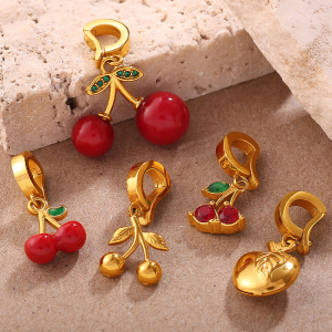 Pendentif Diy En Acier Inoxydable Émaillé Doré, Représentant Une Cerise (1 Pièce). h5 Image2