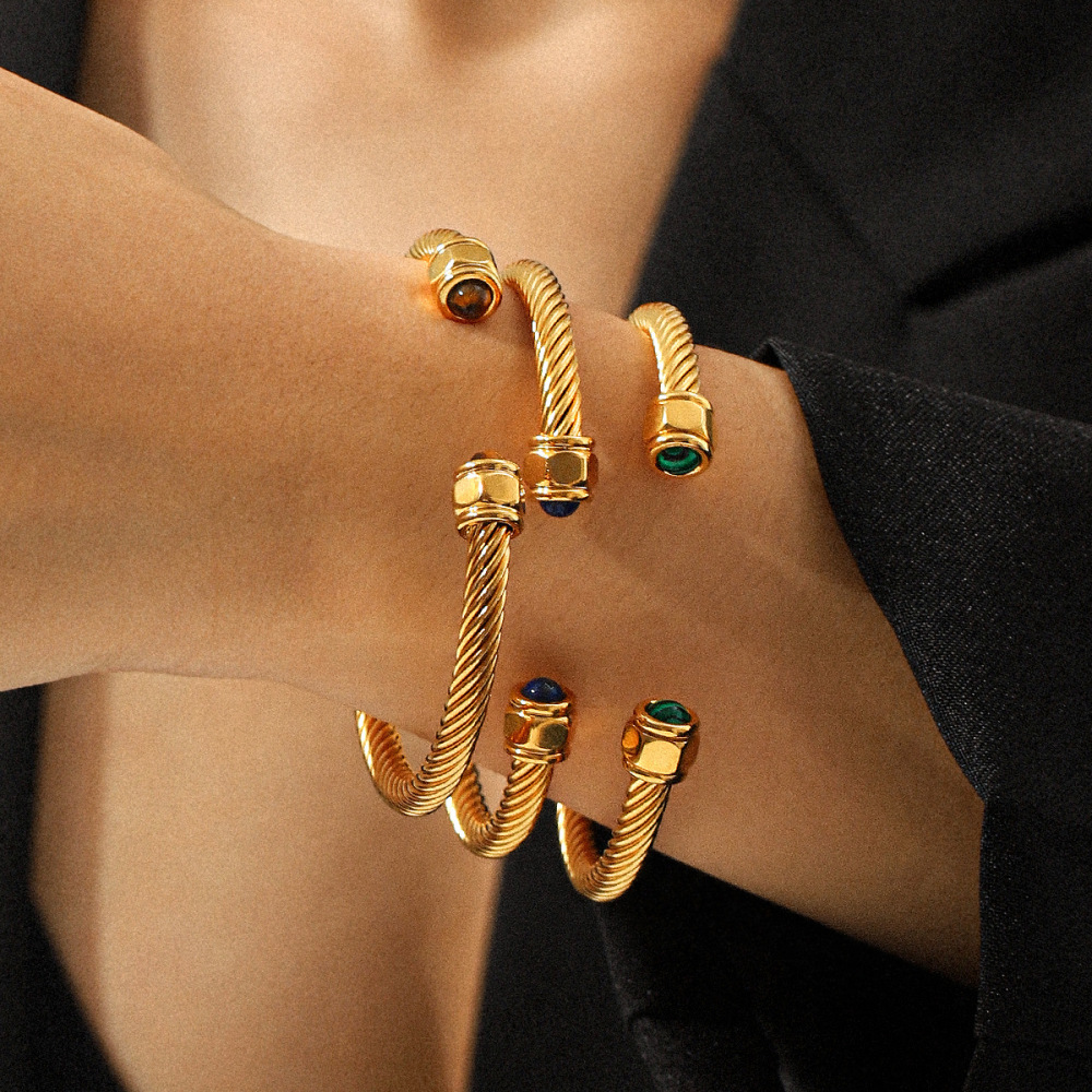 Ensemble De Bracelets Manchettes En Acier Inoxydable Étanche Couleur Or Avec Pierre Naturelle Image4