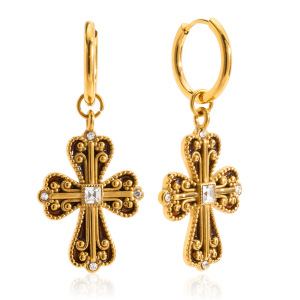 1 Paire De Boucles D'Oreilles Pendantes Luxueuses En Acier Inoxydable Doré, Imperméables, Avec Croix. h5 