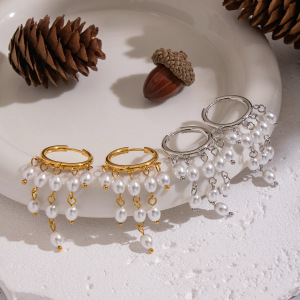 Boucles D'Oreilles Élégantes À Pompon, En Acier Inoxydable Imperméable, Couleur Or, Avec Perles (1 Paire). h5 Image3