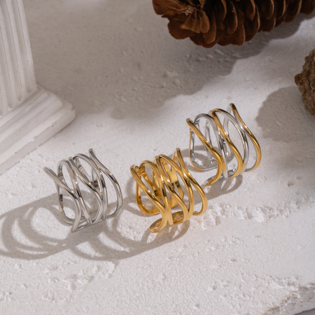 Bague statement en acier inoxydable doré, étanche, à lignes irrégulières (1 pièce)