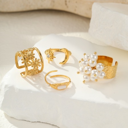 Bague perlée pour femme, en acier inoxydable étanche, ornée d'un motif floral délicat (1 pièce). 2