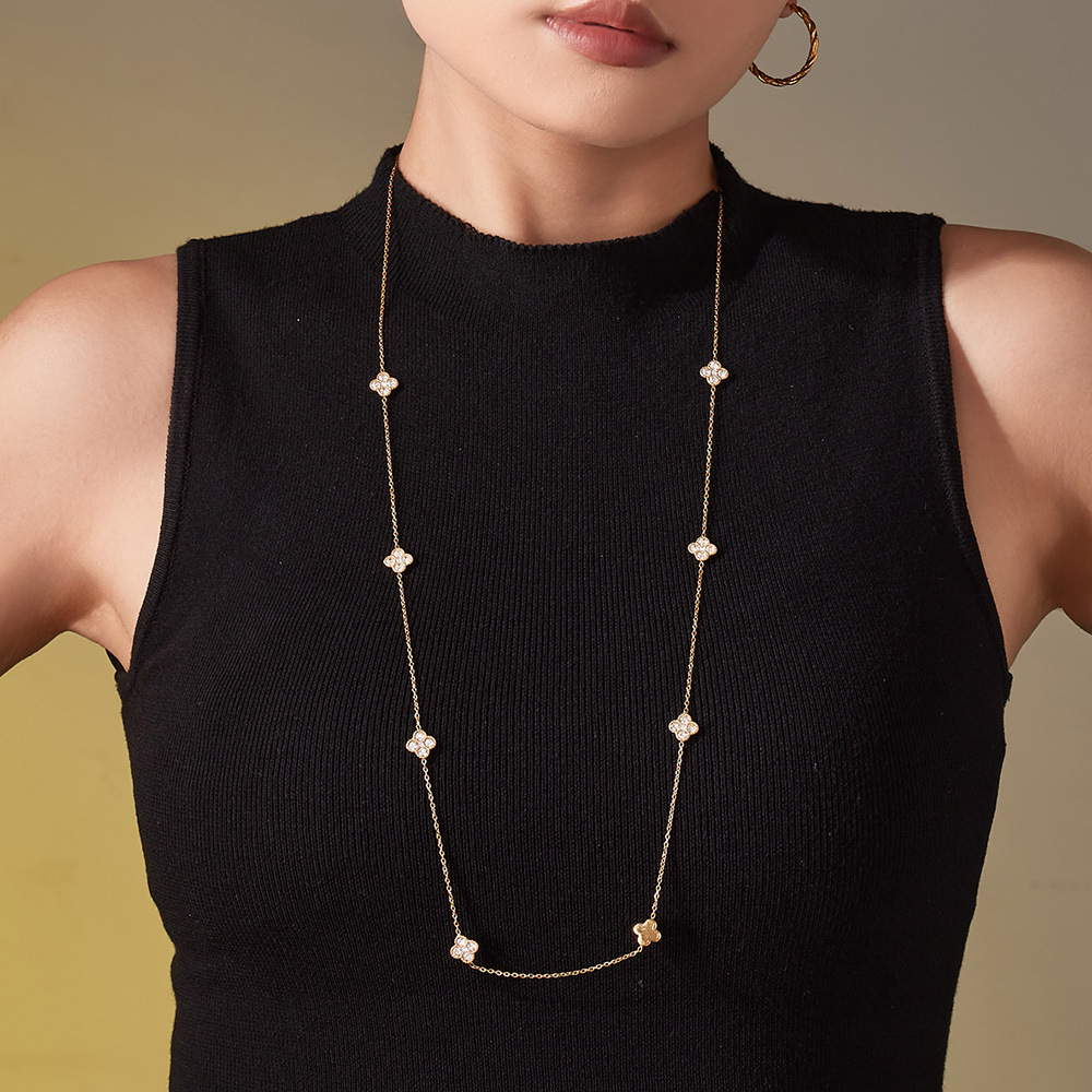 Colliers Longs Pour Femmes Classic Clover En Acier Titane, Imperméables Et Anti-Ternissement, Couleur Or Image5