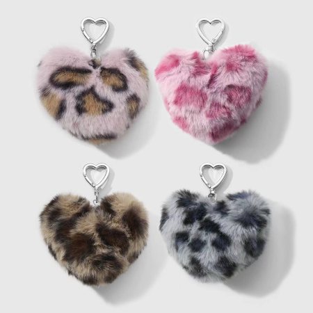 Porte-clés rétro en peluche en forme de cœur à imprimé léopard (1 pièce)