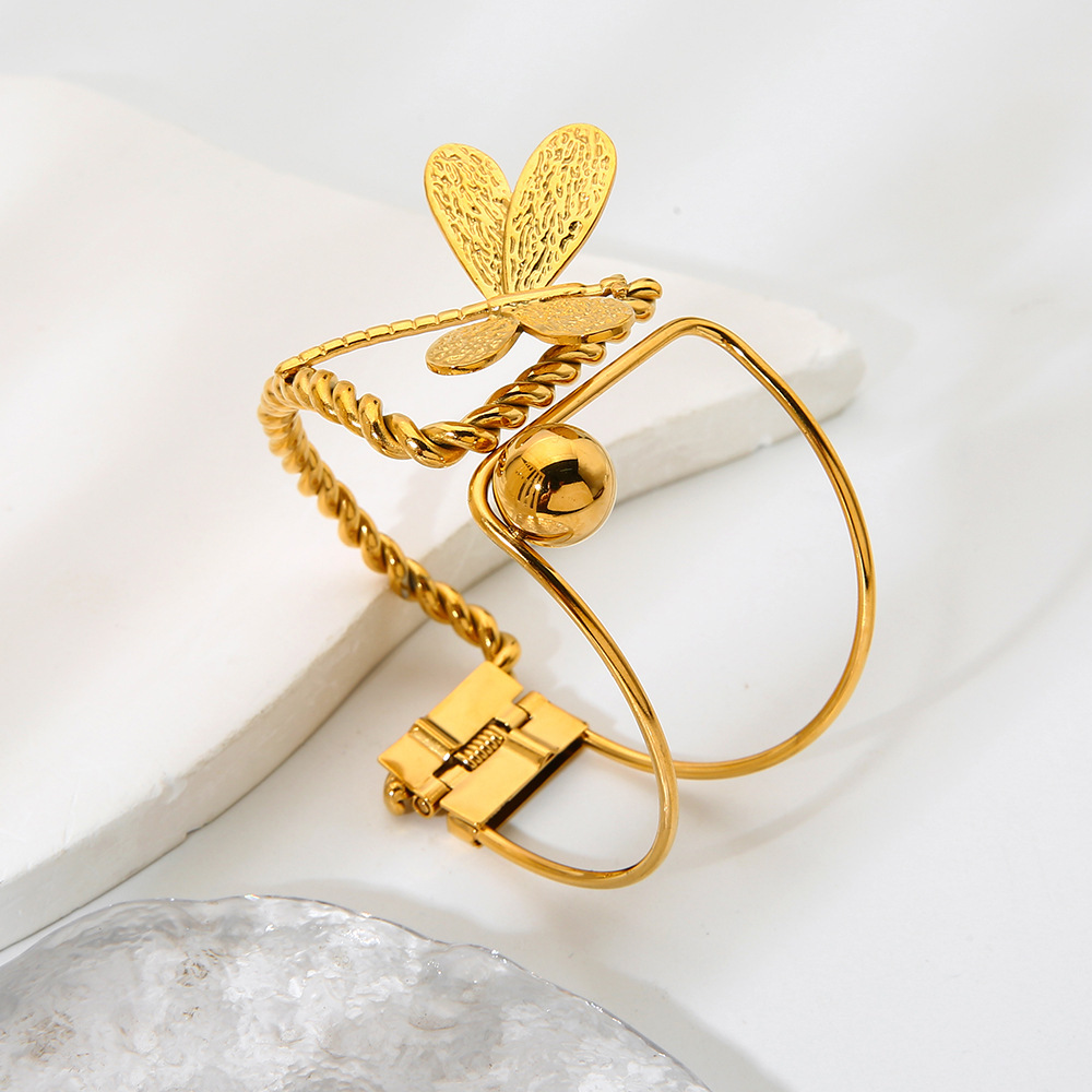 Bracelet Jonc Femme En Acier Inoxydable Imperméable, Luxueux Et Élégant, De Forme Irrégulière, Orné D'Une Libellule (1 Pièce) Image5