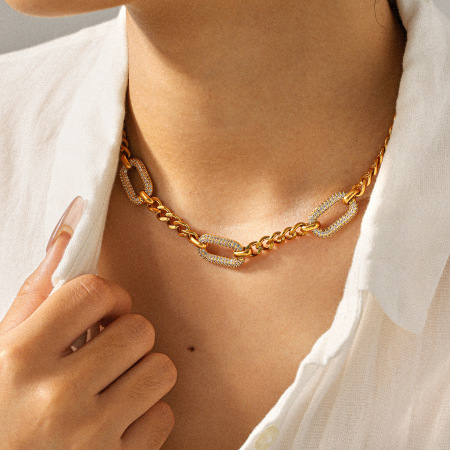 Collier à maillons en acier inoxydable, étanche, couleur or, avec zircon (1 pièce) 2