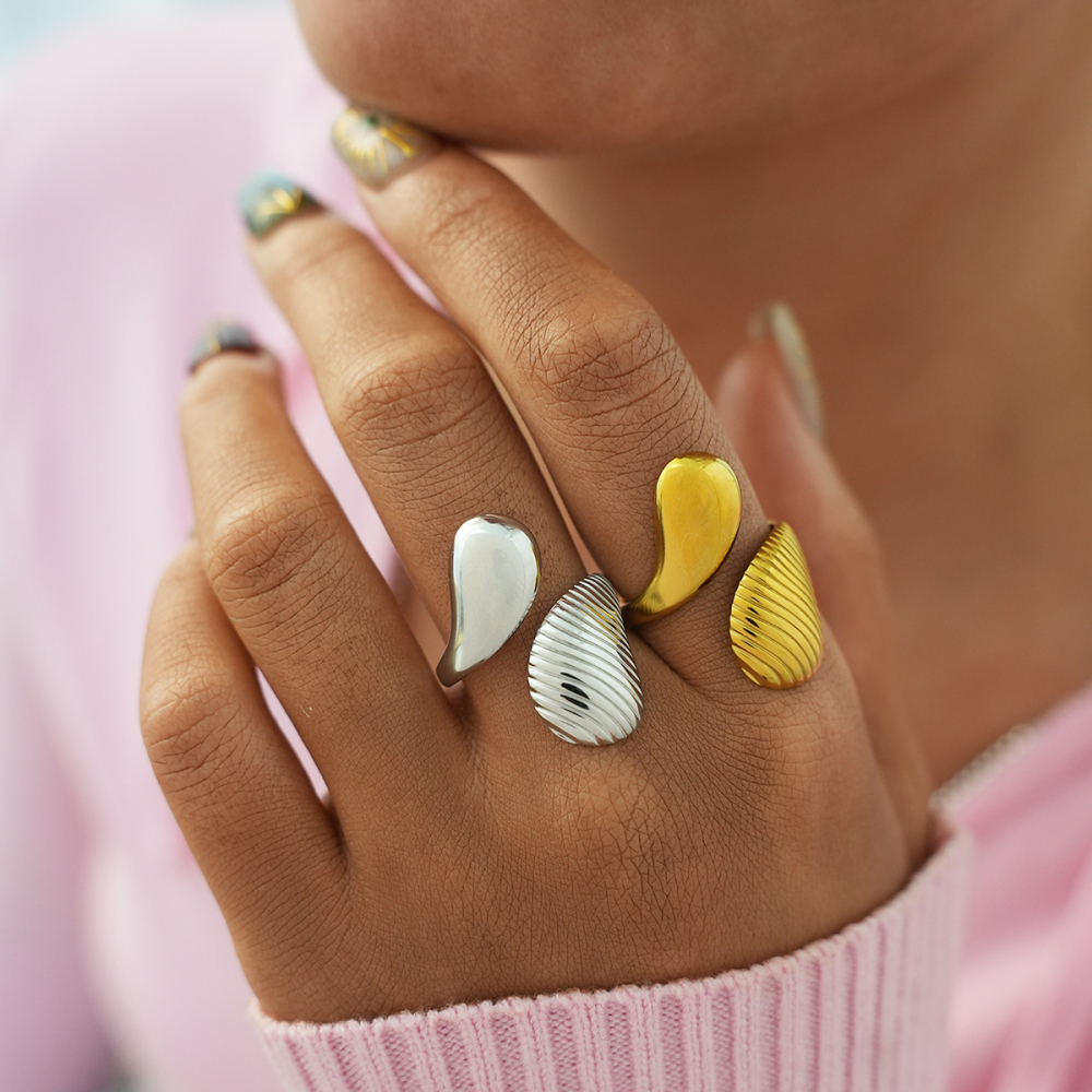 Bague Femme Tendance, 1 Pièce, Lignes Simples Et Irrégulières, En Acier Inoxydable Étanche Couleur Or Image3