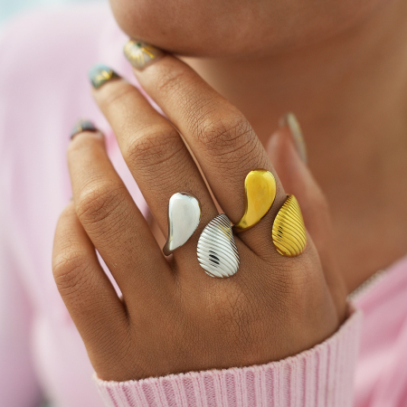 Bague femme tendance, 1 pièce, lignes simples et irrégulières, en acier inoxydable étanche couleur or 2