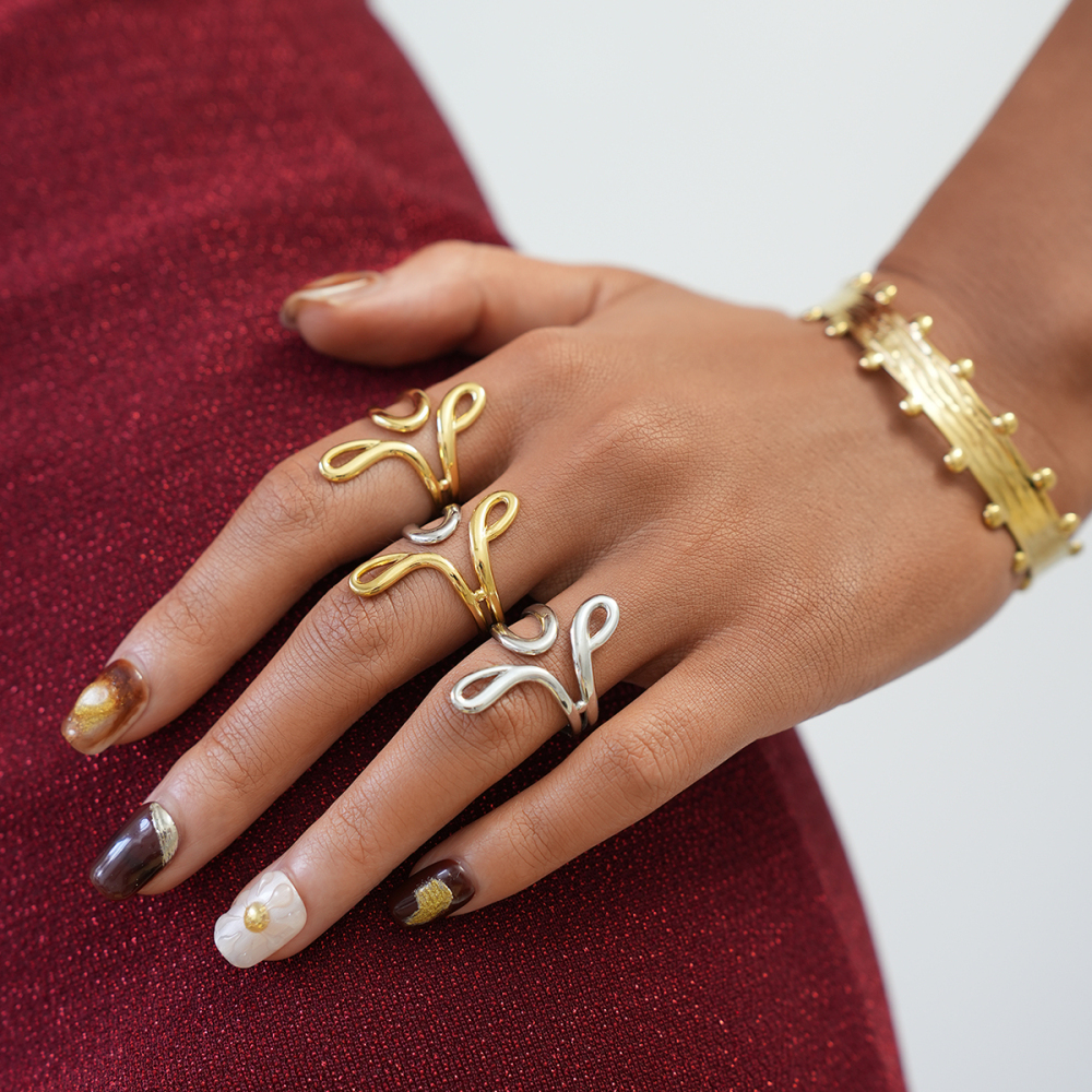 Bague Femme Tendance, 1 Pièce, Lignes Simples Et Irrégulières, En Acier Inoxydable Étanche Couleur Or Image4