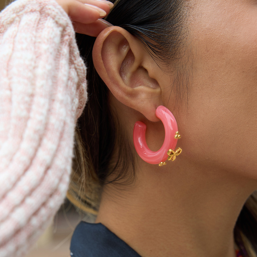 1 Paire De Boucles D'Oreilles Créoles Romantiques En Résine Rose Avec Nœud Papillon Et Couleur Or Pour Femme Image6