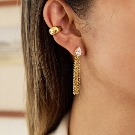 Boucles d'oreilles pendantes pour femme, en acier inoxydable doré, imperméables, avec pompon en forme de goutte et zircon, ornées d'une goutte brillante. 1 paire 2