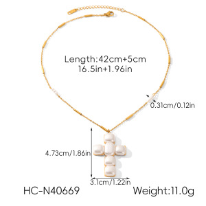 Collier Pendentif Croix Et Perle En Acier Inoxydable Étanche, Couleur Or (1 Pièce) h5 Image2
