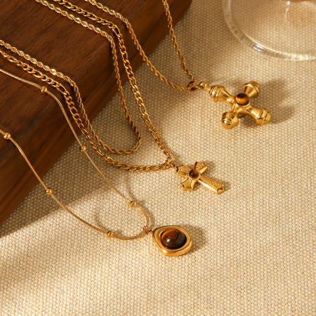 Collier pendentif croix rétro en acier inoxydable étanche couleur or avec pierre naturelle (1 pièce) 2