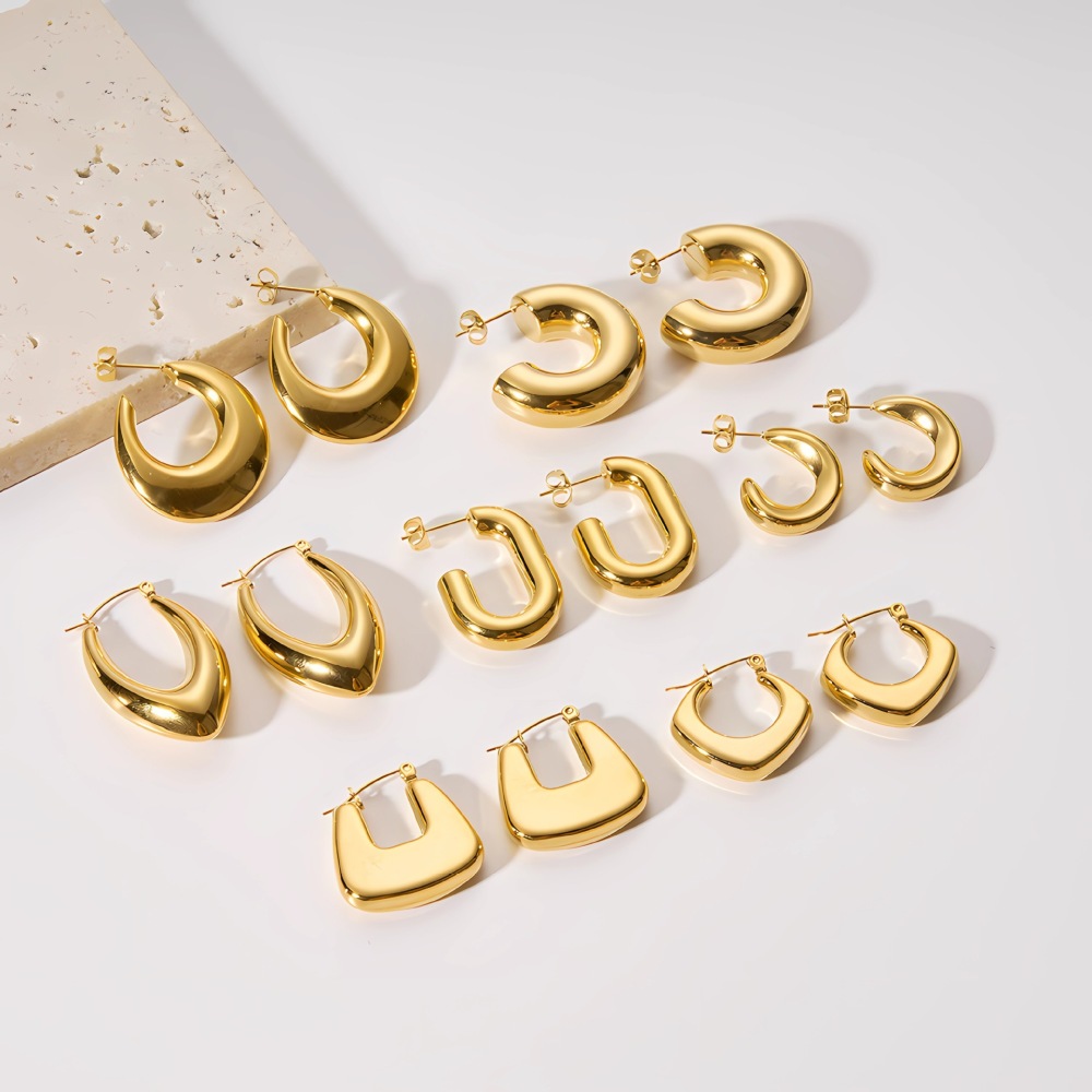 1 Paire De Boucles D'Oreilles Créoles Modernes Pour Femmes, En Acier Inoxydable Étanche, Couleur Or. Image3