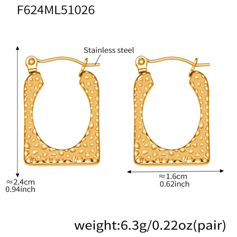 1 Paire De Boucles D'Oreilles Créoles Rectangulaires En Acier Inoxydable Doré, Imperméables, À Motif Martelé. Image2