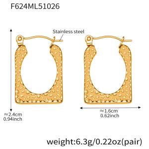1 Paire De Boucles D'Oreilles Créoles Rectangulaires En Acier Inoxydable Doré, Imperméables, À Motif Martelé. h5 Image2