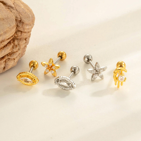 Boucles d'oreilles piercing femme, motif fleur en forme de cœur, couleur cuivre doré, zircon (1 pièce)