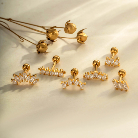 Boucles d'oreilles piercing femme, forme irrégulière et éclatante, couleur cuivre doré, zircon.