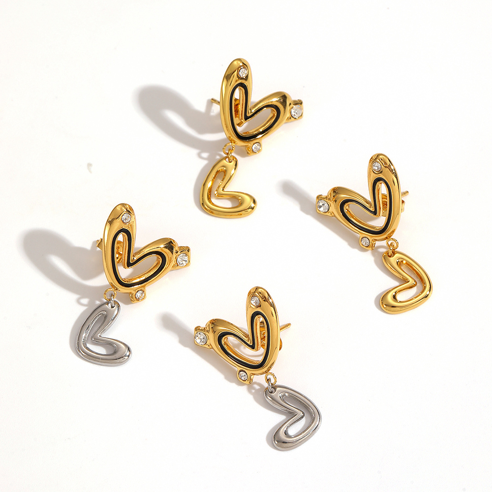 1 Paire De Boucles D'Oreilles Pendantes Classiques En Forme De Cœur, En Acier Inoxydable Étanche, Couleur Or, Ornées De Strass. Image3