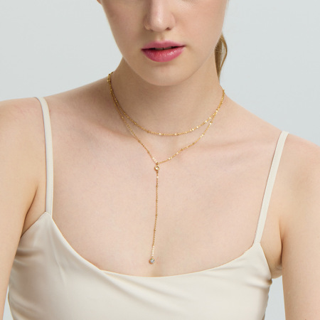 Collier à plusieurs rangs en acier inoxydable doré, imperméable, avec chaîne en forme de Y et zircon.