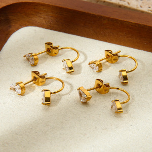 1 Paire De Boucles D'Oreilles Puces Élégantes Et Luxueuses En Forme De Goutte, En Acier Inoxydable Étanche Couleur Or Avec Zircon. h5 Image3
