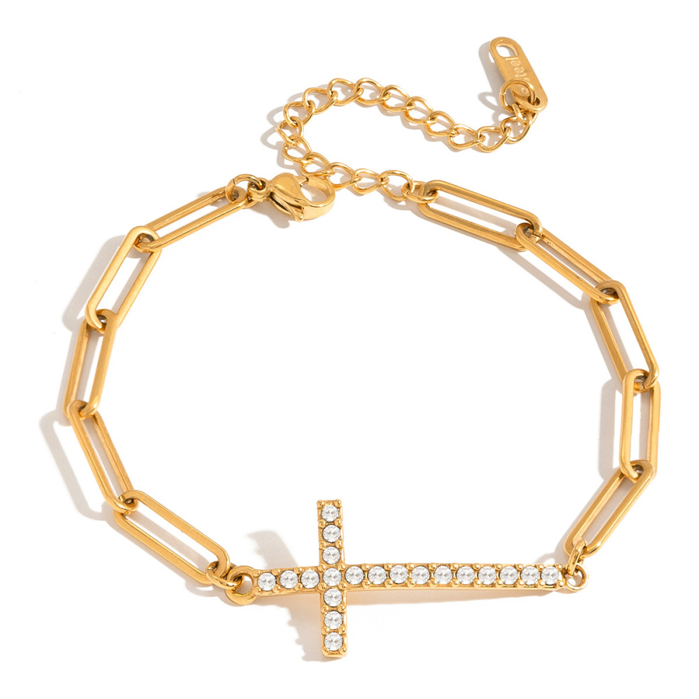 Bracelet À Maillons Pour Femme, En Acier Inoxydable Doré, Avec Croix Délicate (1 Pièce).