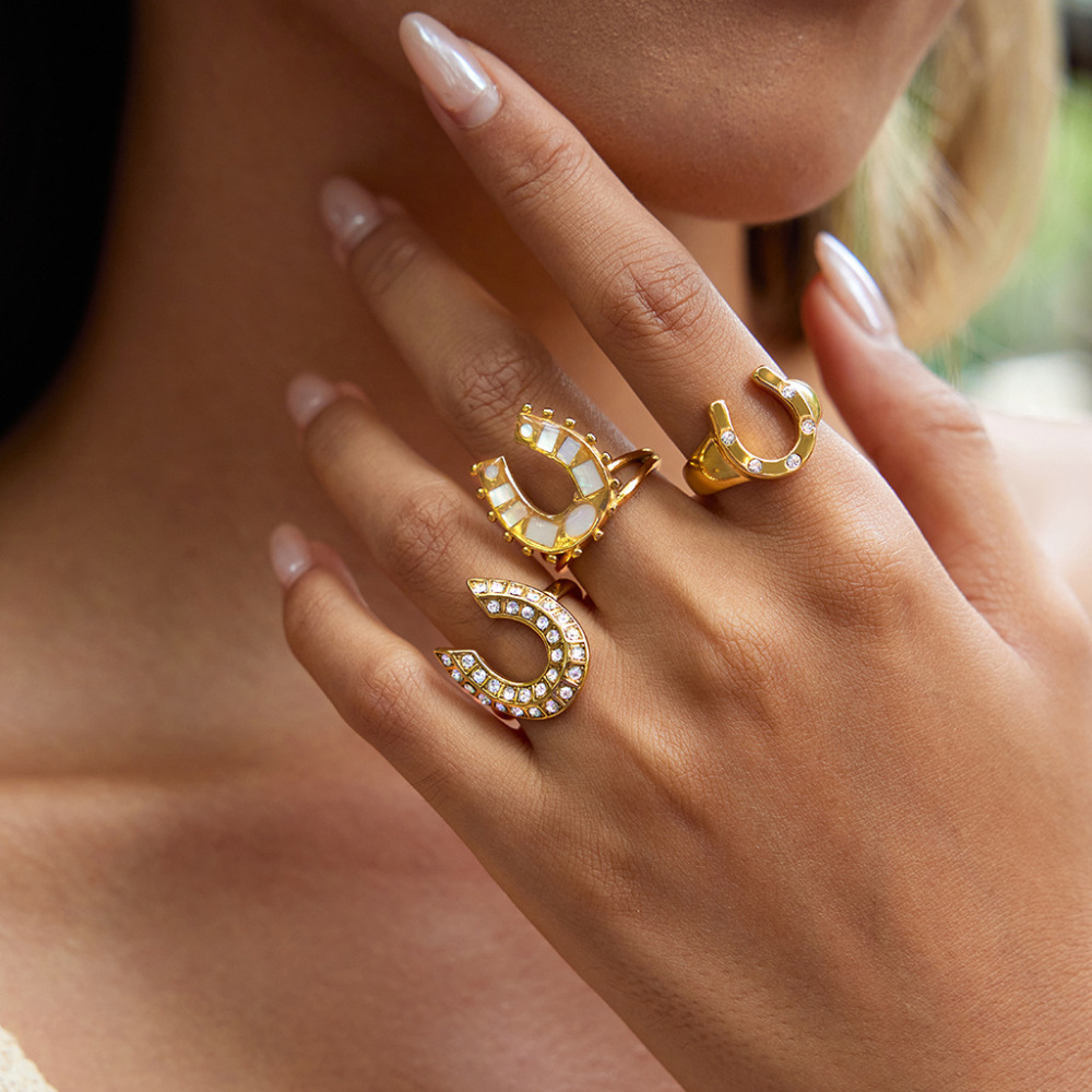 Bague De Luxe En Acier Inoxydable Doré, En Forme De Fer À Cheval, Étanche, À 1 Pièce Image3