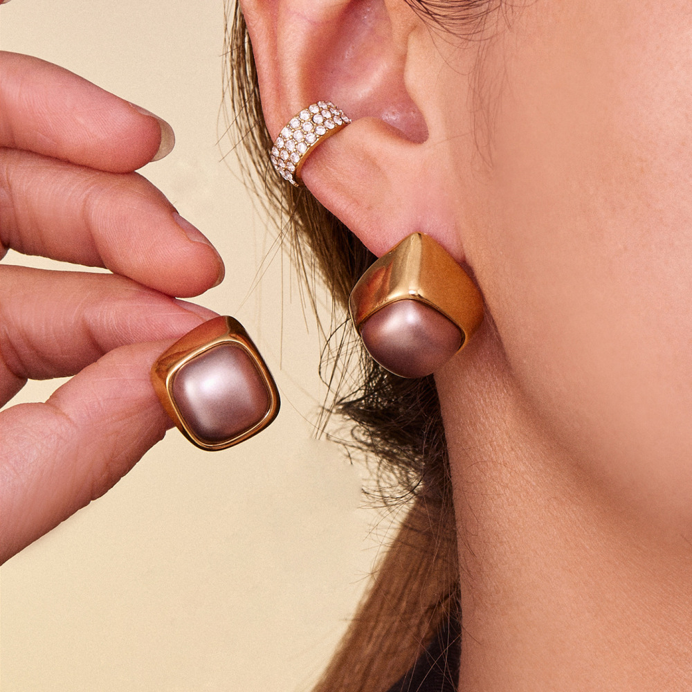 1 Paire De Boucles D'Oreilles Puces Classiques Rectangulaires En Acier Inoxydable Étanche Couleur Or Pour Femme Image6