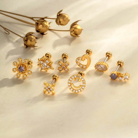Boucles d'oreilles piercing pour femme, forme géométrique, couleur cuivre doré, zircon (1 pièce) 2