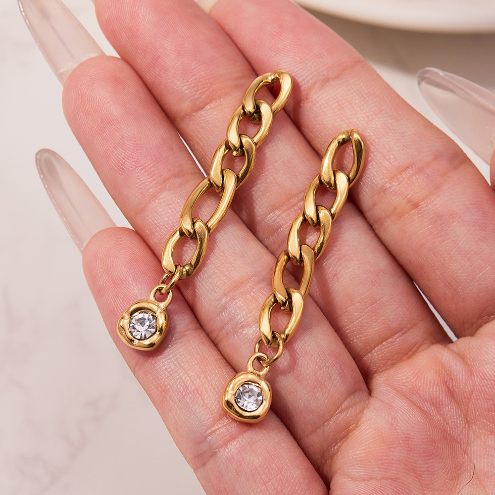 Boucles D'Oreilles Pendantes Pour Femme, En Acier Inoxydable Doré, Avec Zircon Et Chaîne Simple (1 Paire). Image4