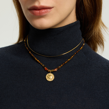 Collier pendentif femme rétro en perles soleil et pierres naturelles, coloris unique