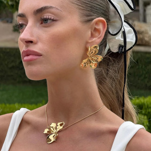 Ensembles De Bijoux Sophistiqués Pour Femmes En Acier Inoxydable, Imperméables, Couleur Or, Avec Motif Floral. h5 Image3