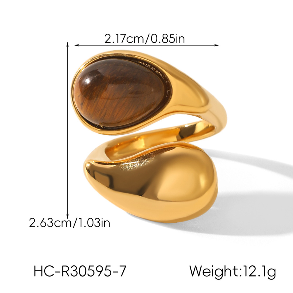 Bague En Acier Inoxydable Étanche, Couleur Or, Ornée D'Une Pierre Naturelle (1 Pièce). Image2
