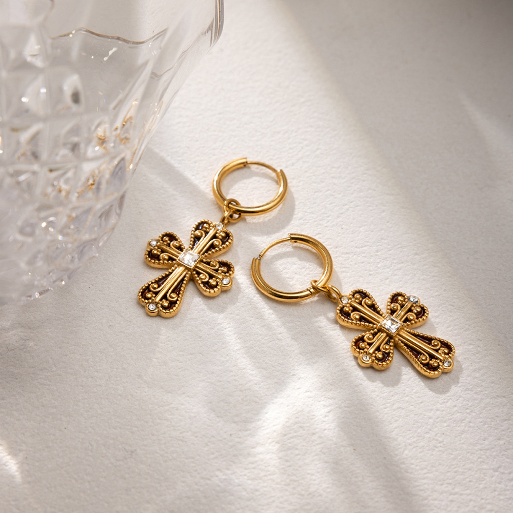 1 Paire De Boucles D'Oreilles Pendantes Luxueuses En Acier Inoxydable Doré, Imperméables, Avec Croix. Image6