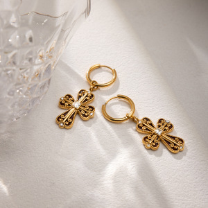1 Paire De Boucles D'Oreilles Pendantes Luxueuses En Acier Inoxydable Doré, Imperméables, Avec Croix. h5 Image6