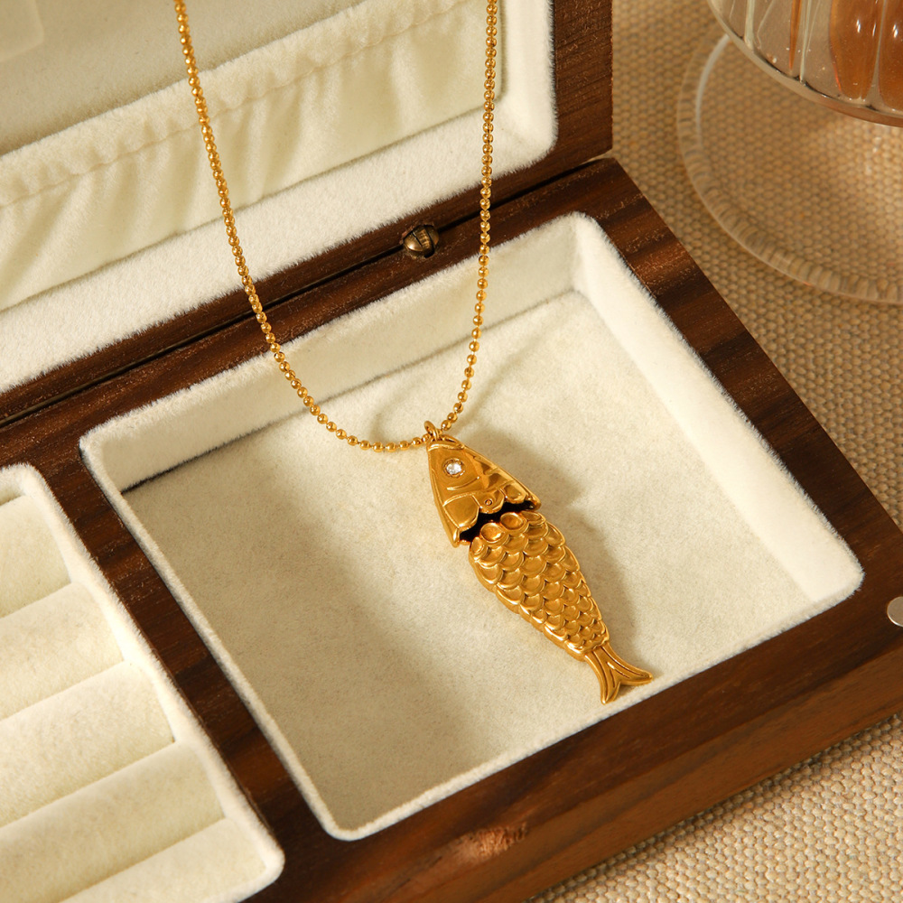 Collier Pendentif En Acier Inoxydable Doré, 1 Pièce, En Forme De Poisson Image3