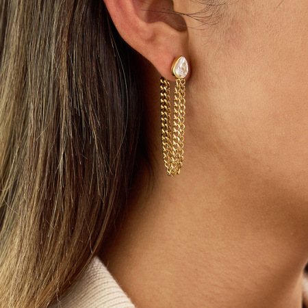 Boucles d'oreilles pendantes pour femme, en acier inoxydable doré, imperméables, avec pompon en forme de goutte et zircon, ornées d'une goutte brillante. 1 paire